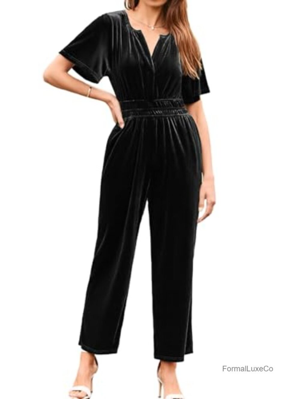 Women's Velvet Short Sleeve Wide Leg Jumpsuit V-Neck Formal Holiday